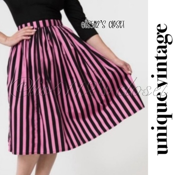 Unique Vintage x Magnolia Park Pink & Black Stripes Retro Swing Skirt 4X fits 2X - Picture 1 of 12